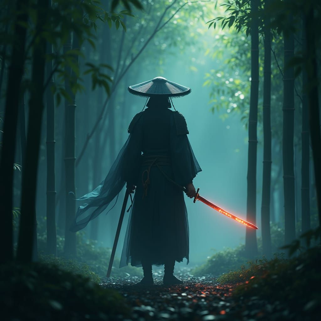 Ethereal Samurai Warrior in Bamboo Forest