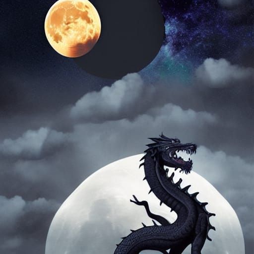 Epic Dragon Shadow Against Moon Digital Painting