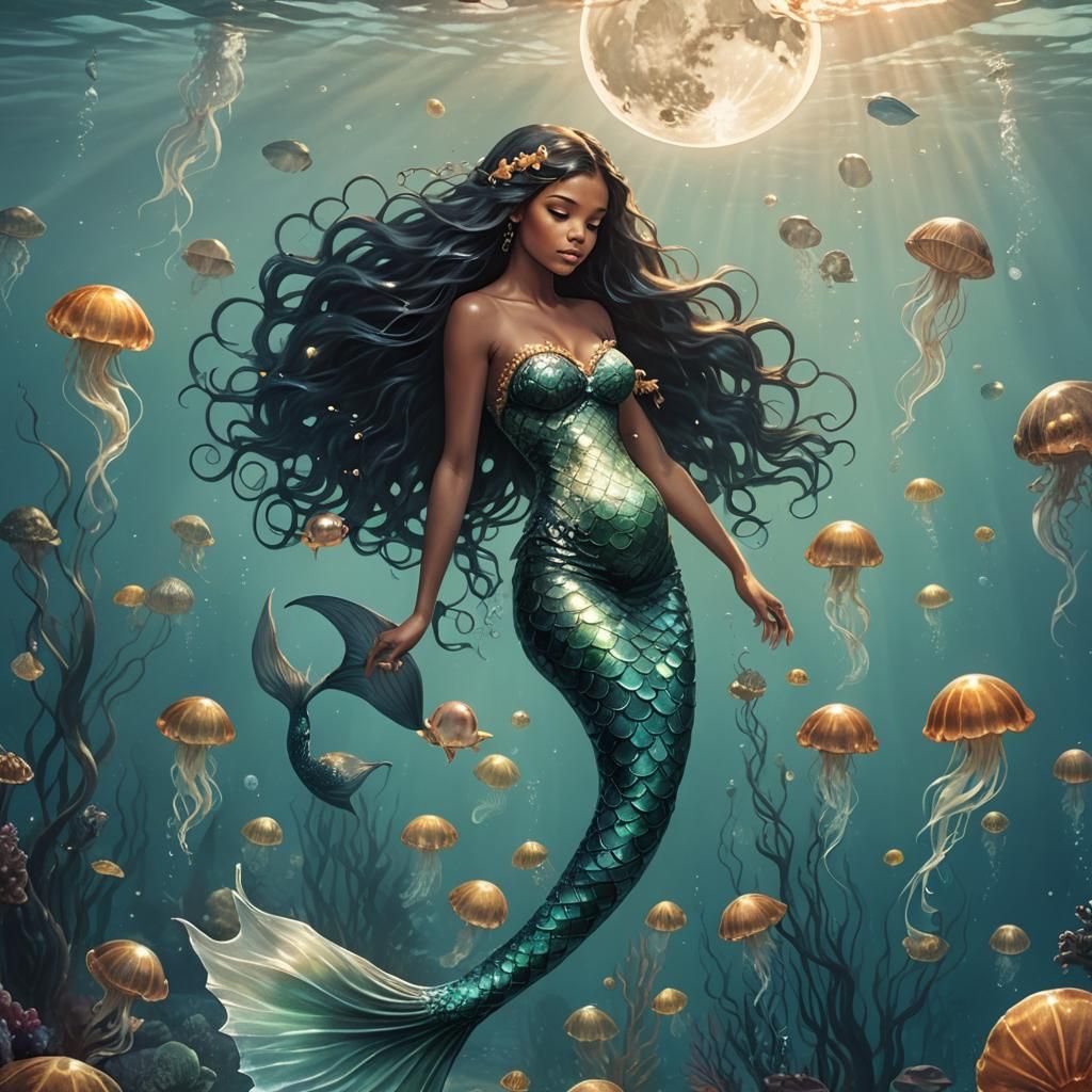 Mermaid with Moon Jellies and a Baby