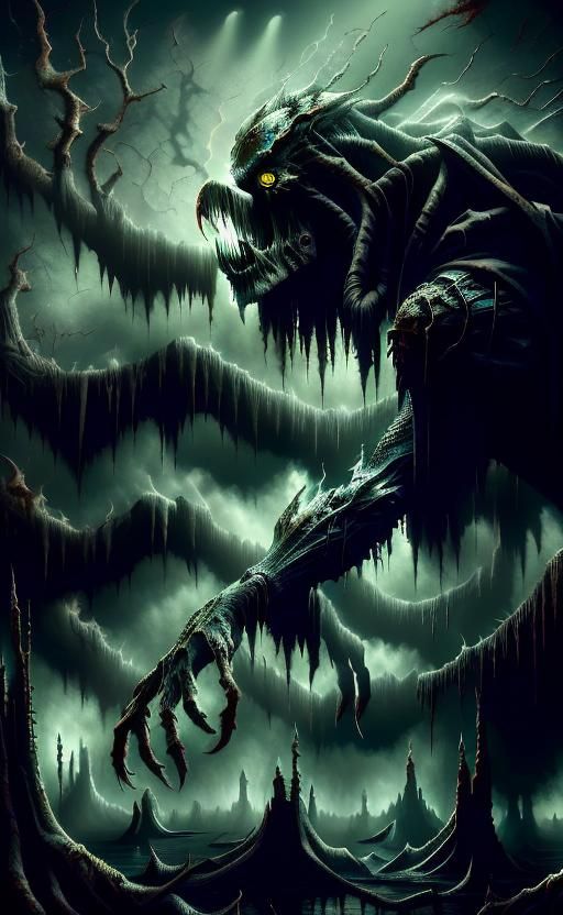 Horror Ghost Emerges from Swamp Lake at Twilight