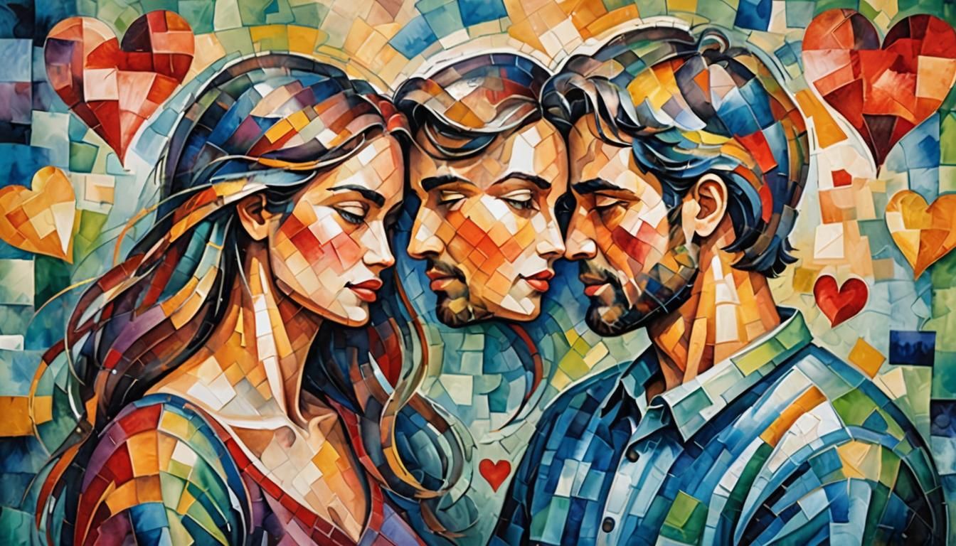 Romantic Heart: Cubistic Watercolor Neo-Impressionist Painti...