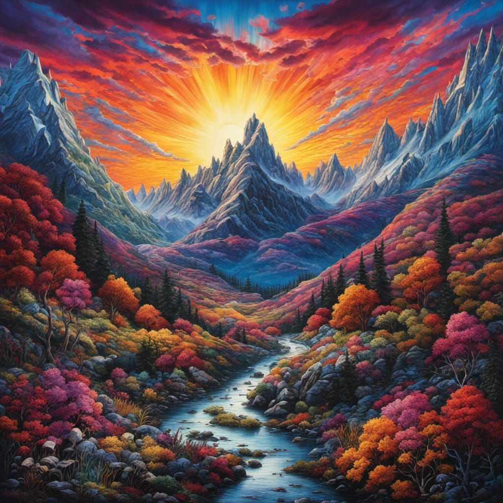 High Gothic Sunrise over Snowy Mountains in Tim Burton Style