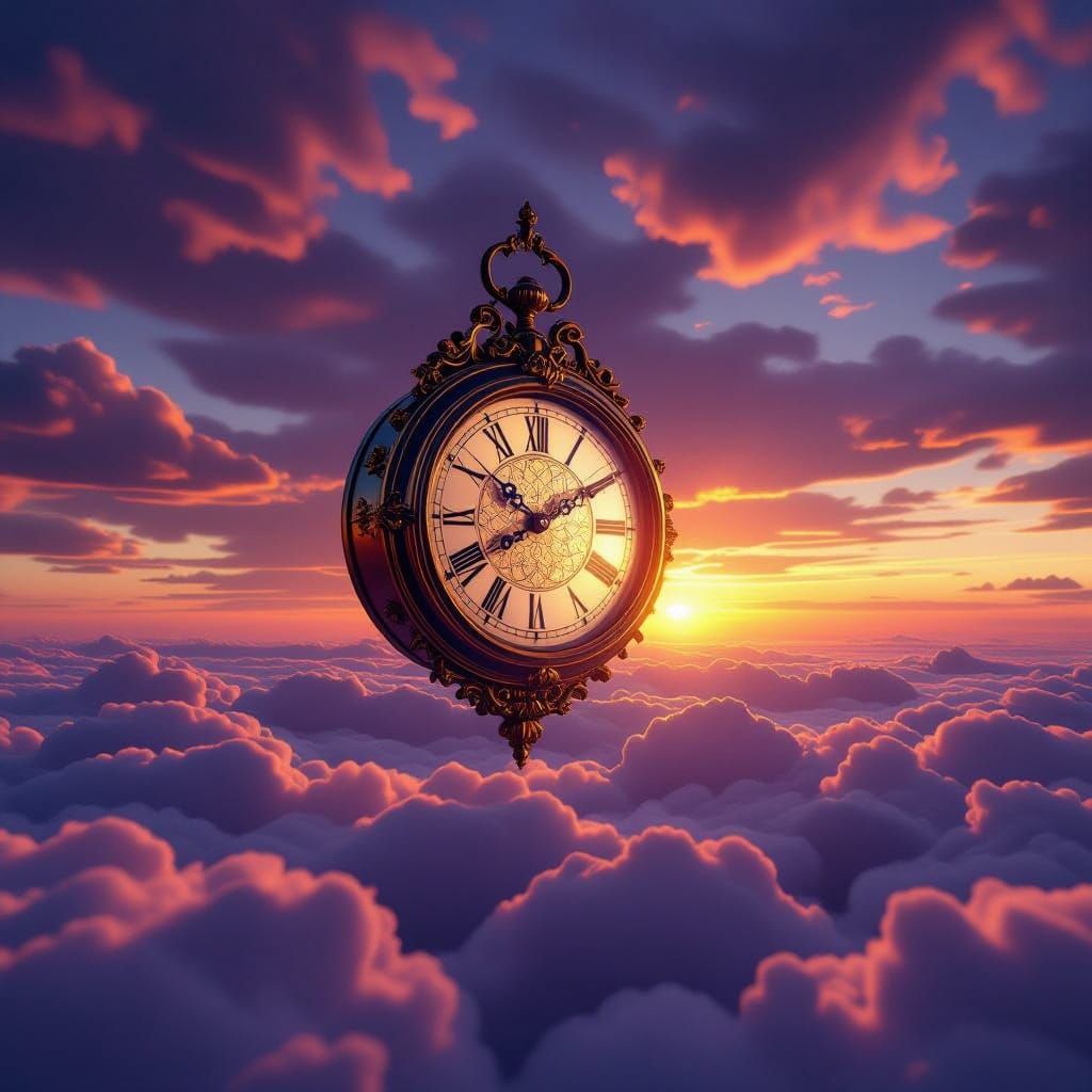 Ancient Clock Above Clouds in Melting Sun, 3D Realism