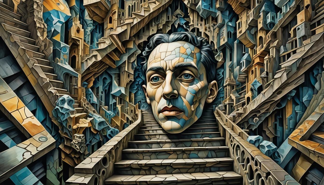 Surreal Fractured Face on Escher Stairs
