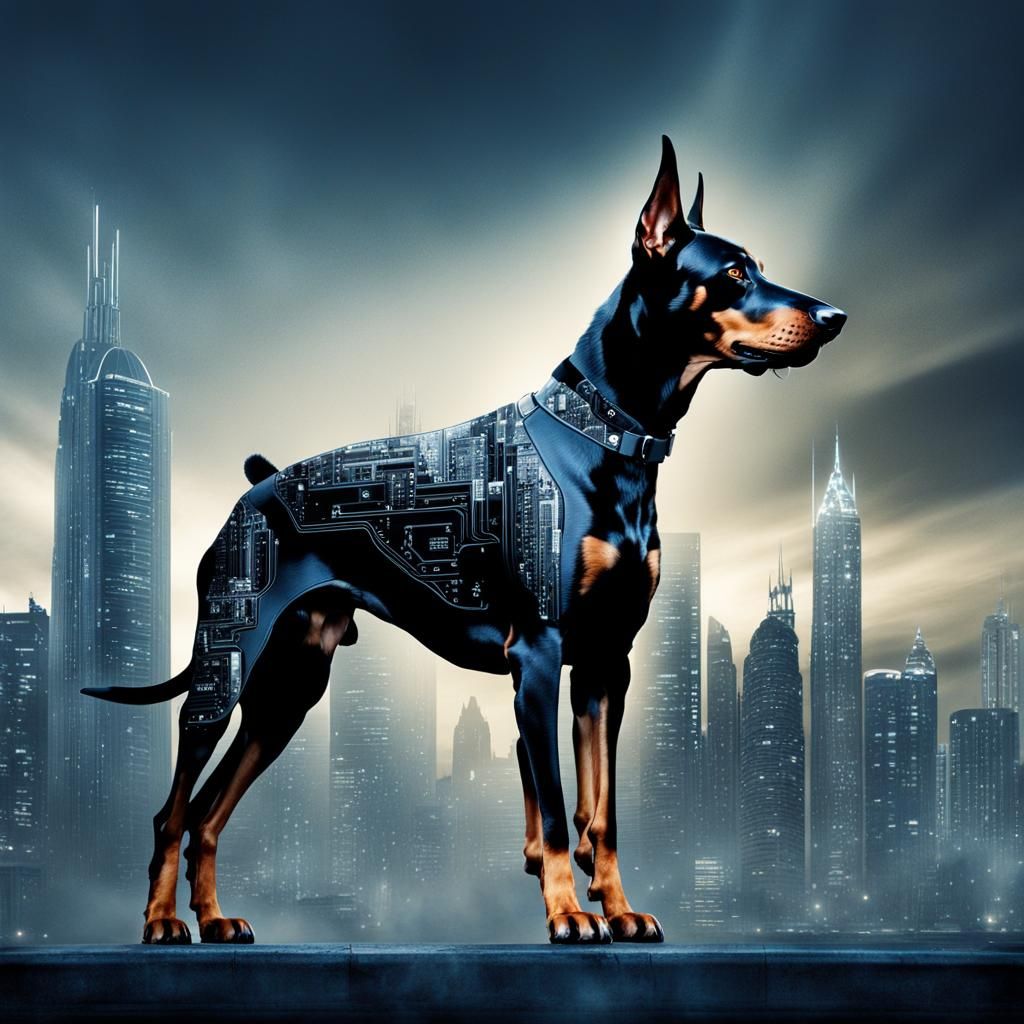 Cybernetic Doberman Double Exposure in Blue