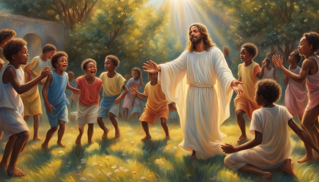 Jesus Playing with Children: Hyperrealistic Oil Painting