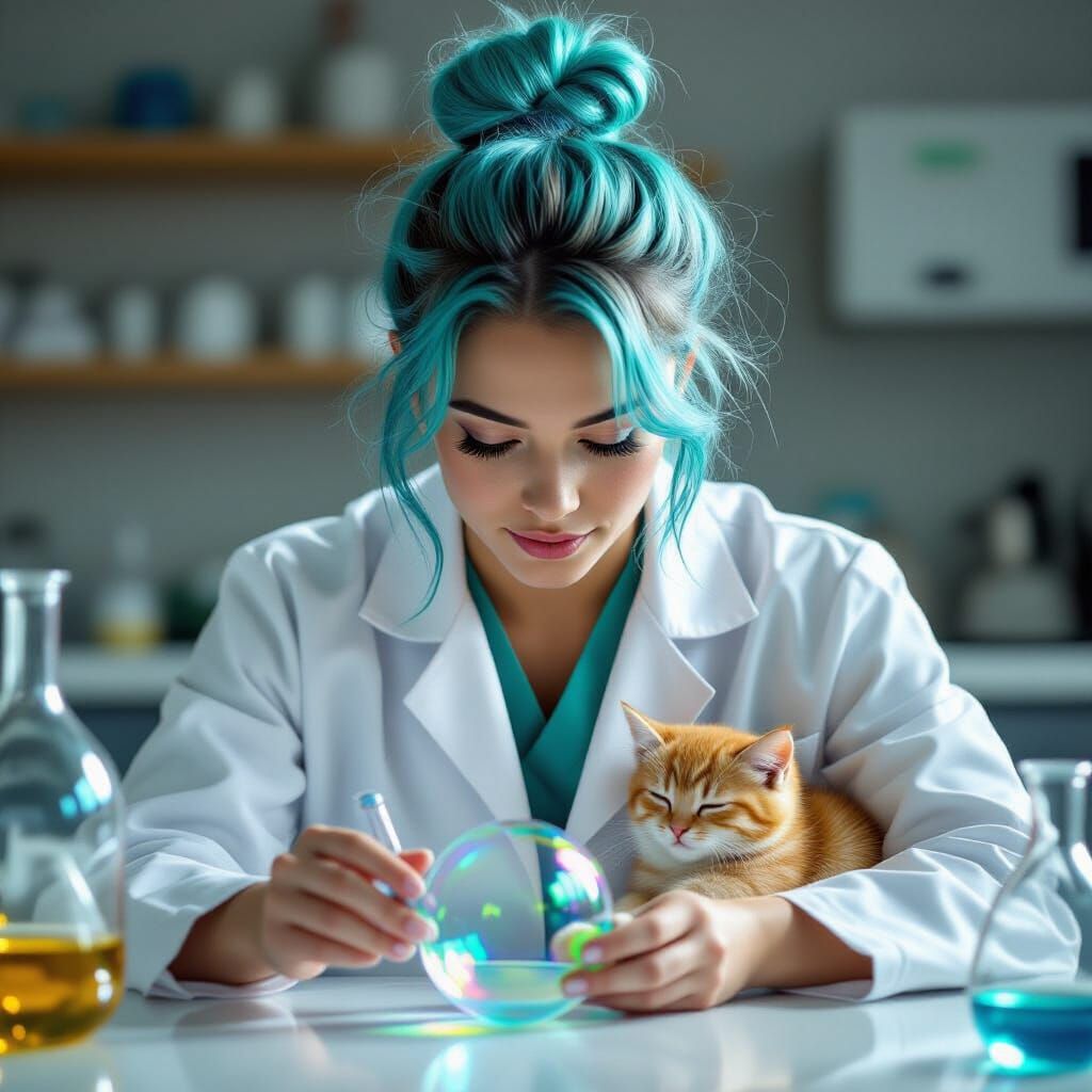 Nonbinary Scientist with Kitten in Pocket: Photorealism