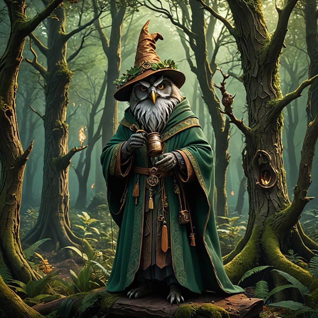 Owl-Folk Druid in Enchanted Forest, Digital Matte Painting