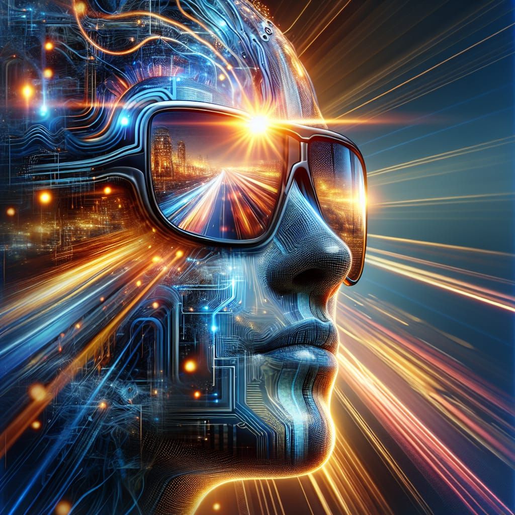 Futuristic Cybernetic Face with Glowing Sun