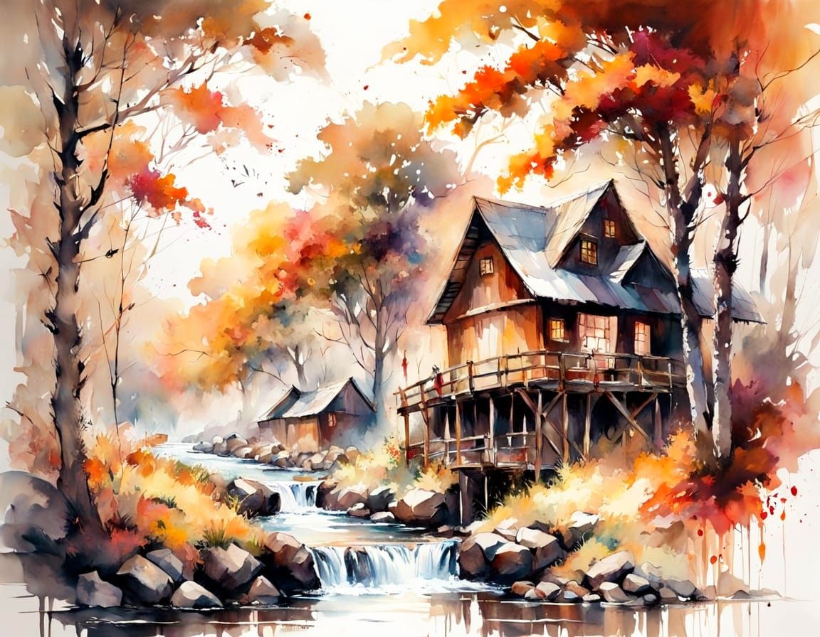 Autumnal Watermill in Watercolor Landscape