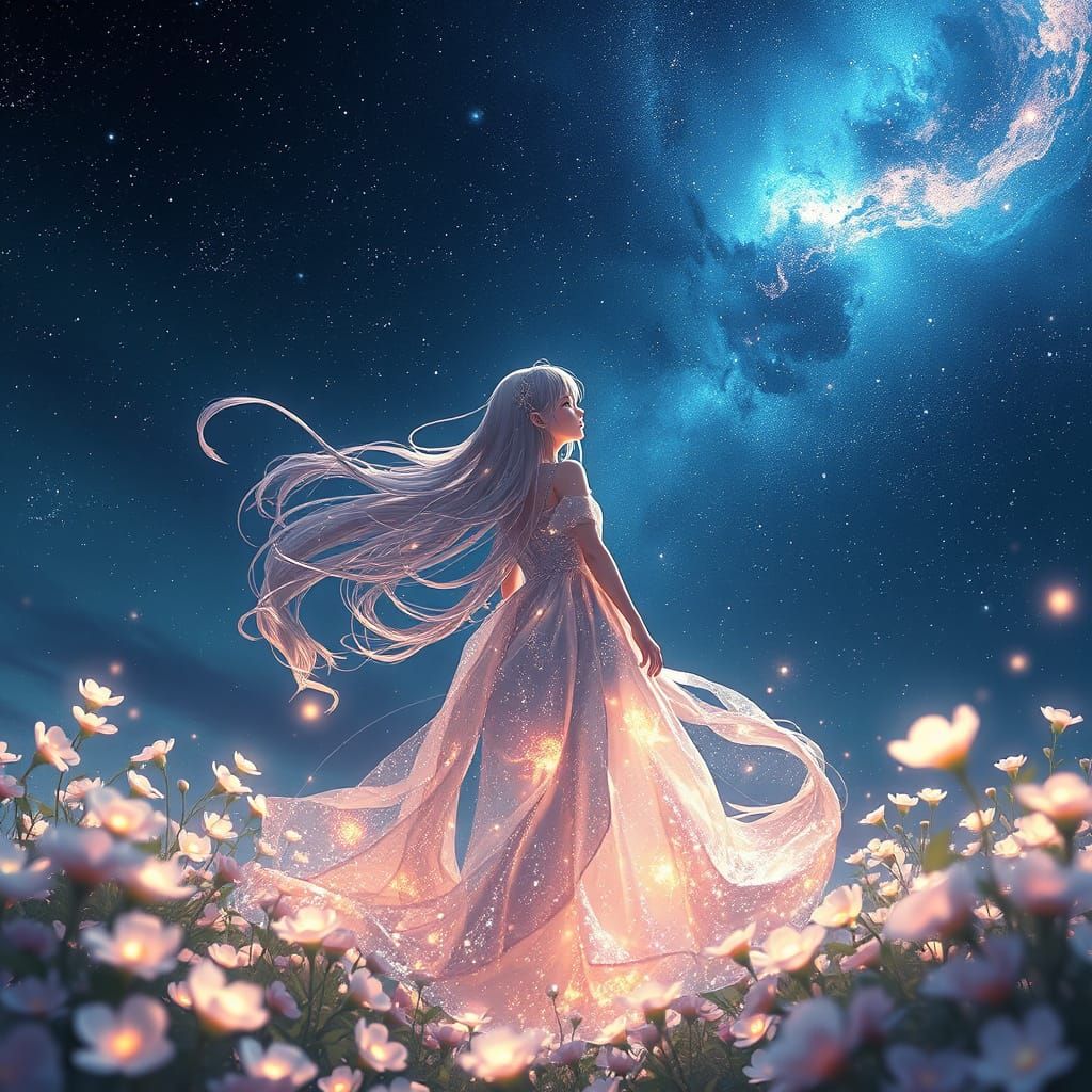 Stardust Girl in Glowing Celestial Garden