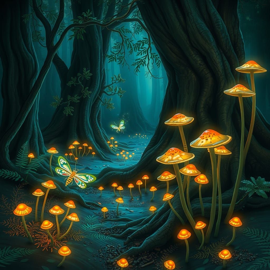 The forest floor shimmered with an ethereal glow. Biolumines...