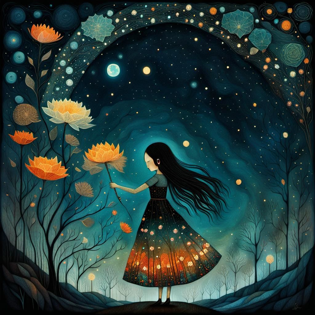 Ethereal Girl with Flowers at Night