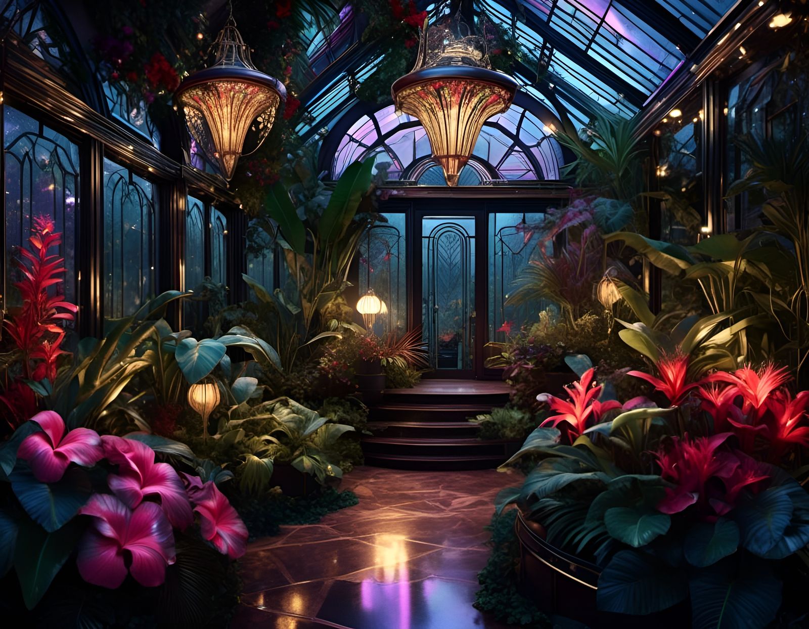 Moonlit Tropical Greenhouse in Art Deco Style