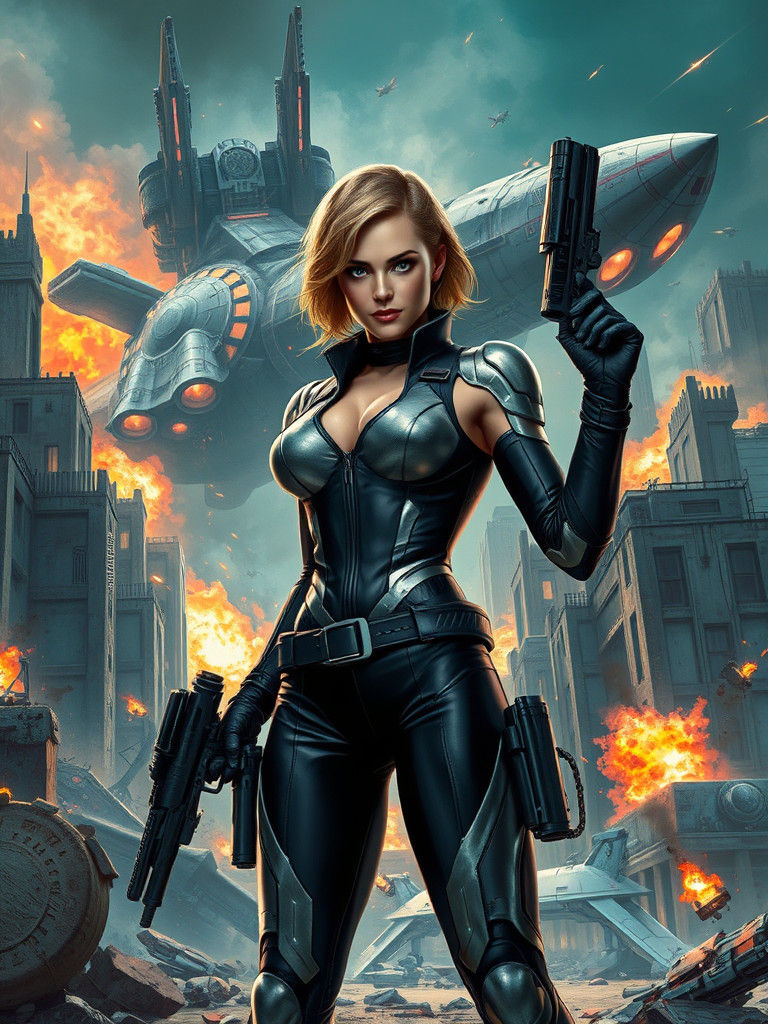 Victorious Sci-Fi Mercenary in Cyberpunk Cityscape