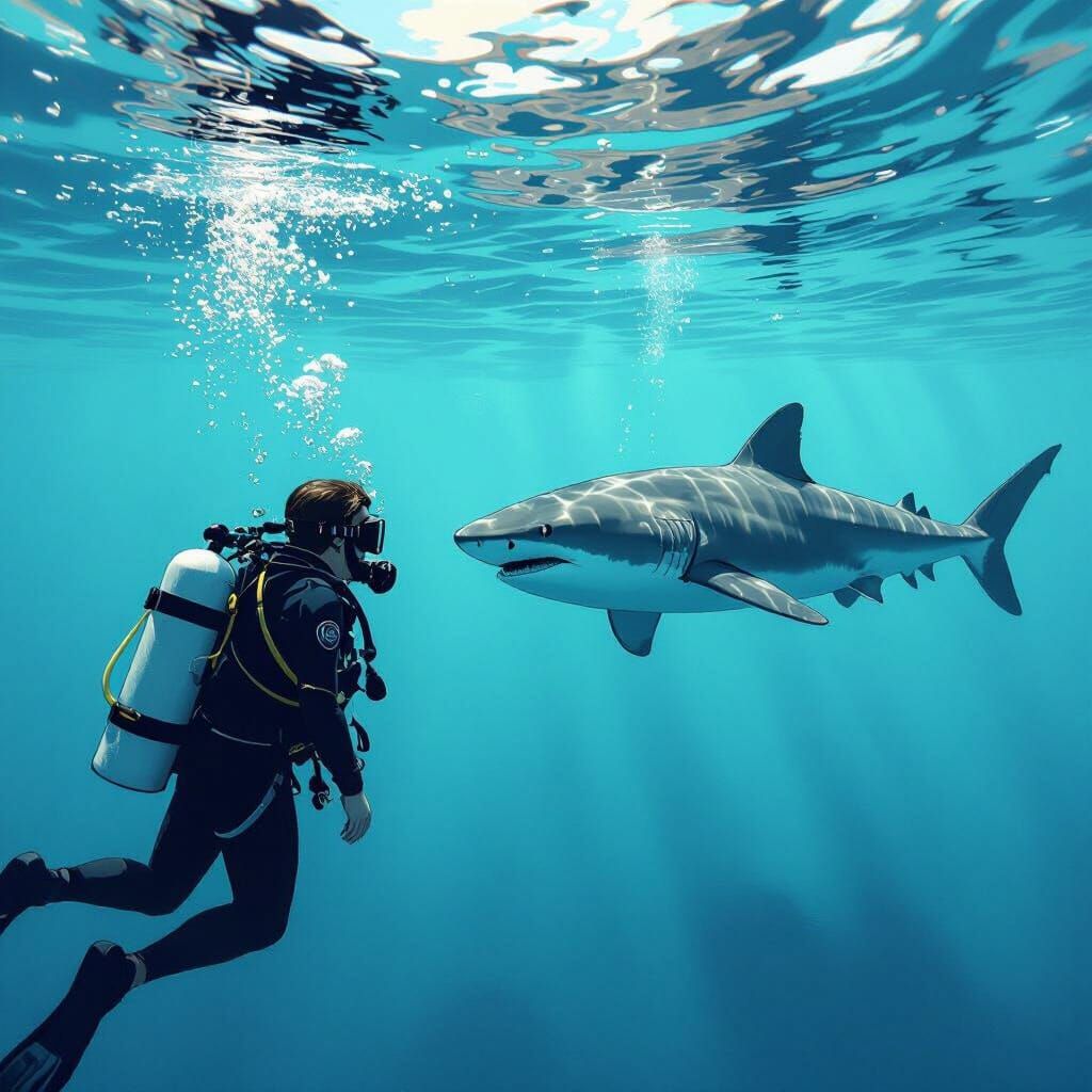 Scuba Diver Meets Shark in Line Drawing Style