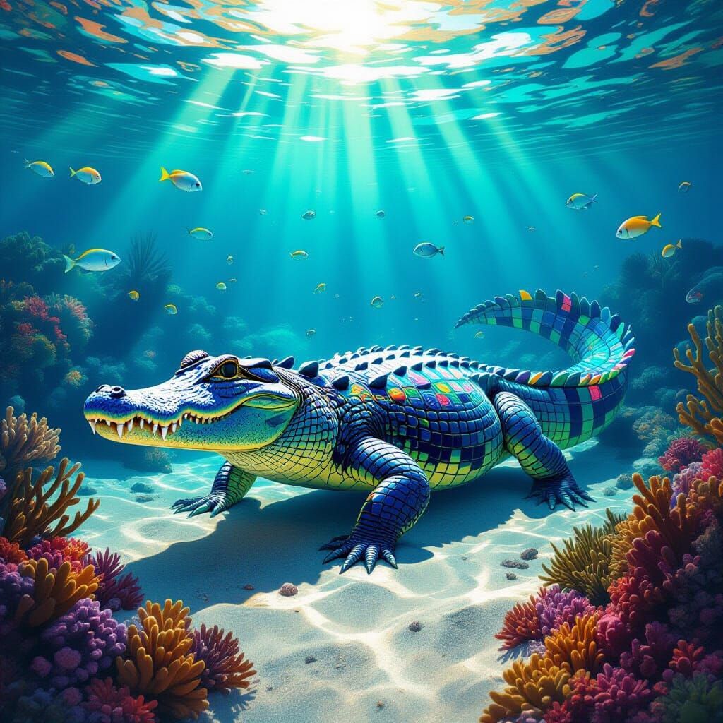 Bioluminescent Alligator in Underwater Forest