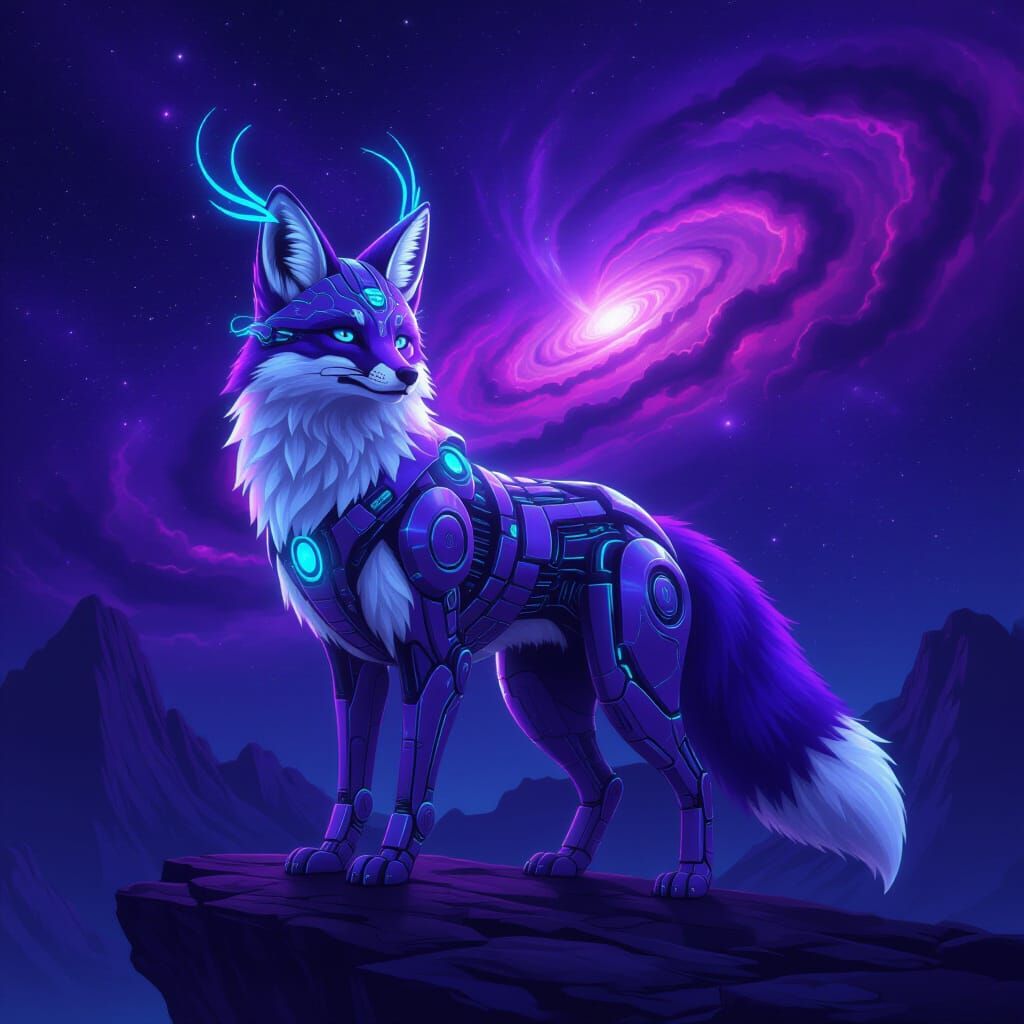 Cybernetic Fox in Synthwave Nebula