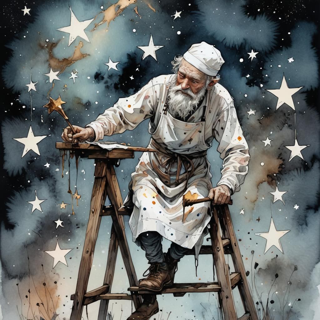 Old Man Polishing Stars: Whimsical Watercolor Fantasy