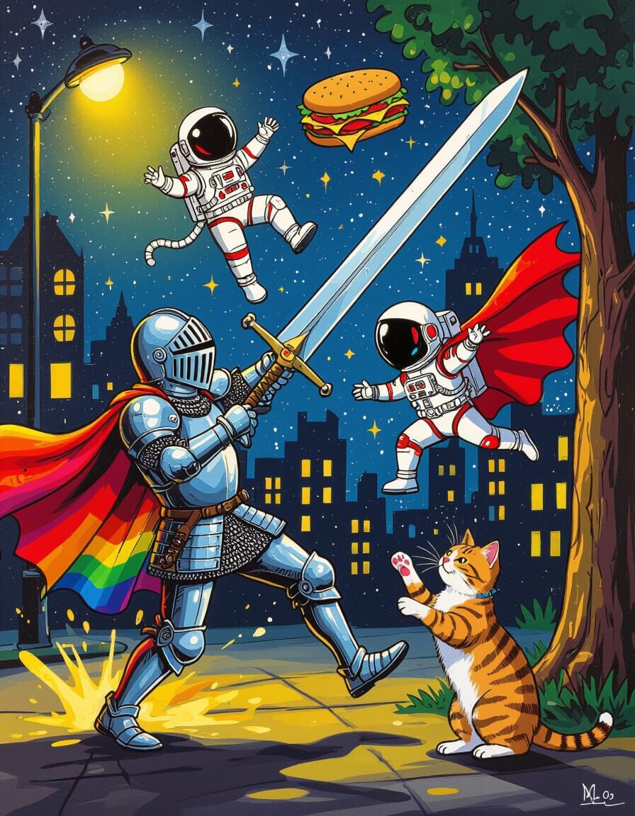 Humorous Alien Xenomorph in Rainbow Dress, City Night