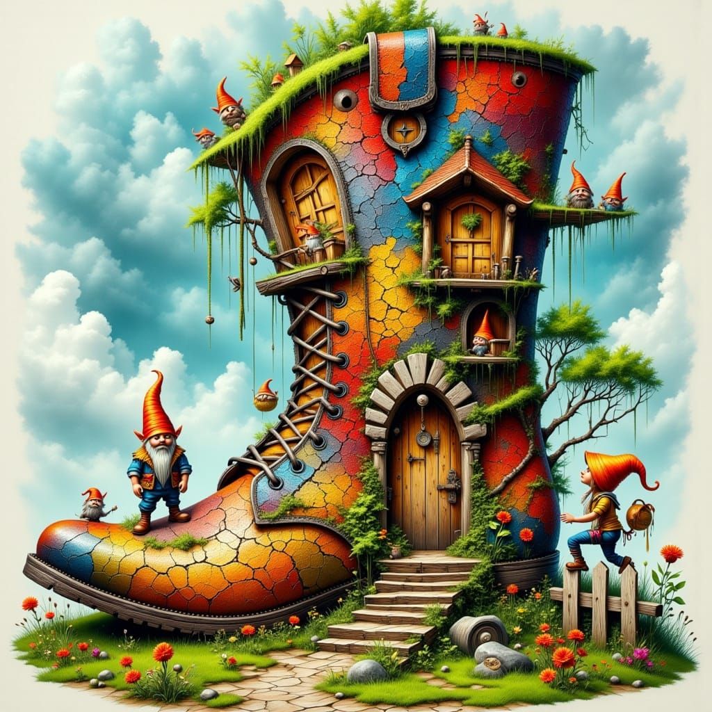 Gnome Home Inside Colorful Cracked Leather Boot