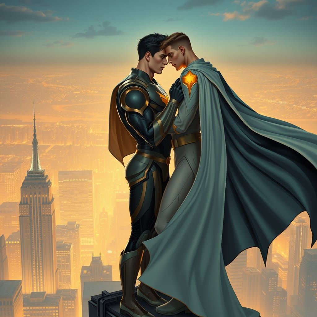 Superheroes Embrace with Art Nouveau Elegance