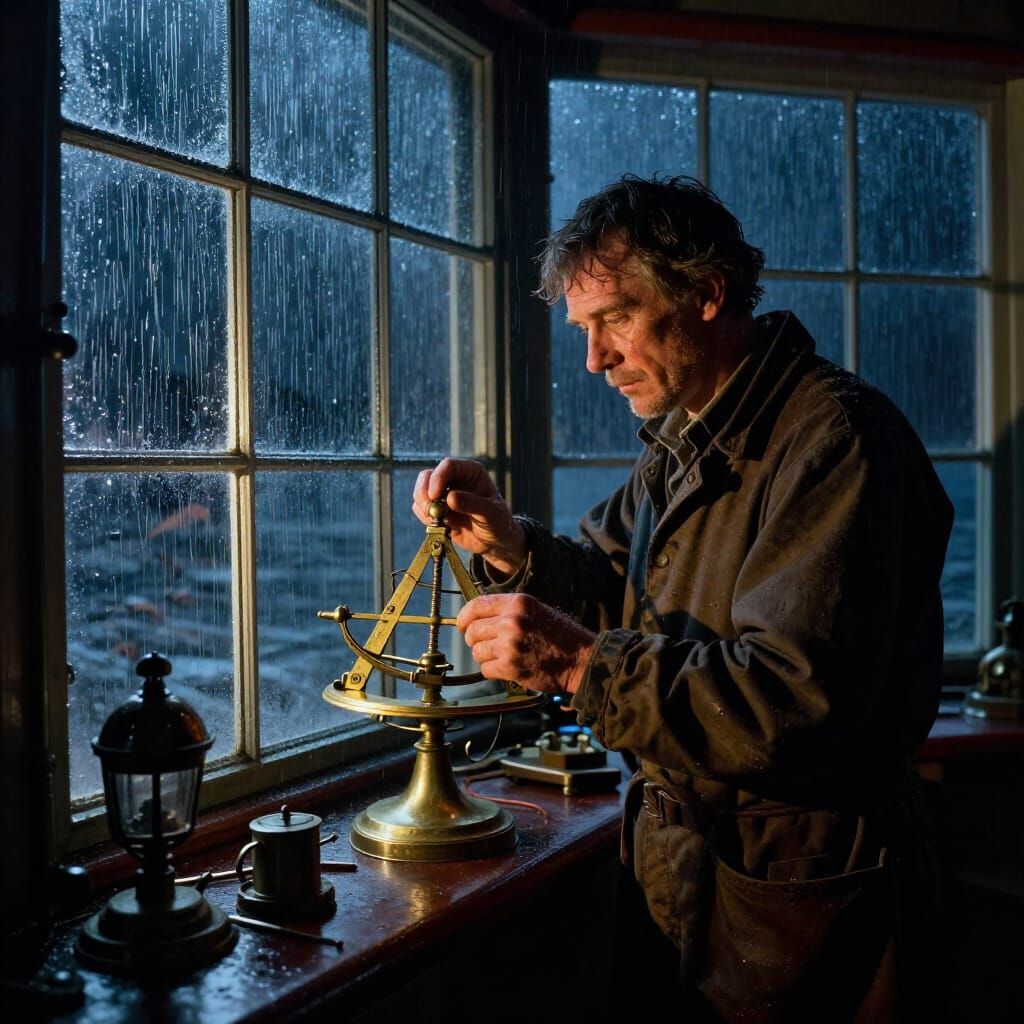 Ancient Lighthouse Keeper Polishing Sextant on Stormy Night