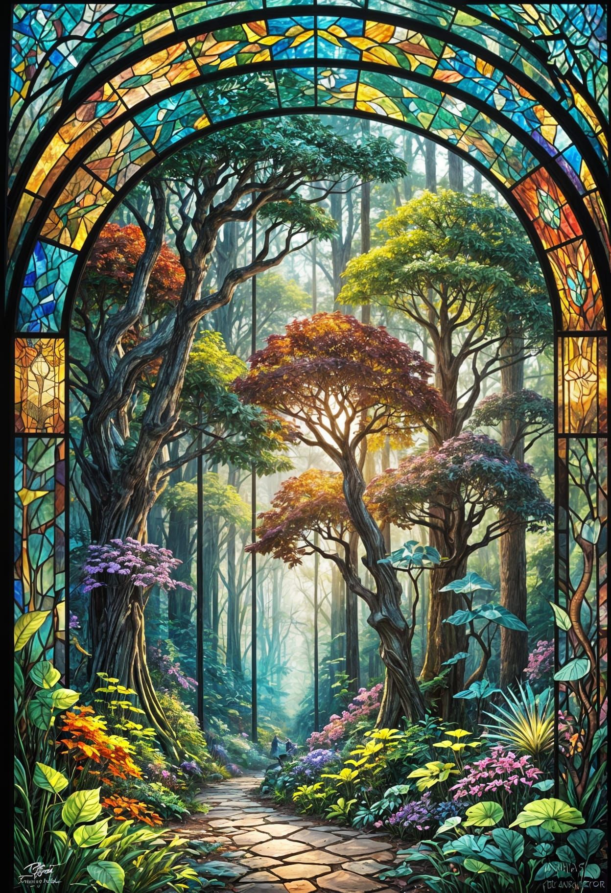 Enchanted Stained Glass Forest Landscape in Digital Art