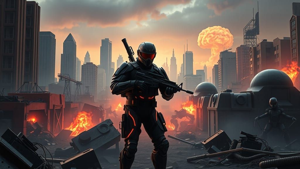 Cyberpunk Soldier Stands Amidst Ruined Robots in Dystopian C...