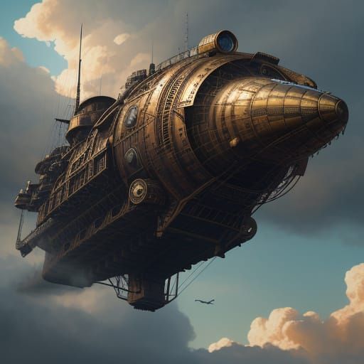 Rattlesnake Steampunk Airship Soaring Through Cloudy Sky