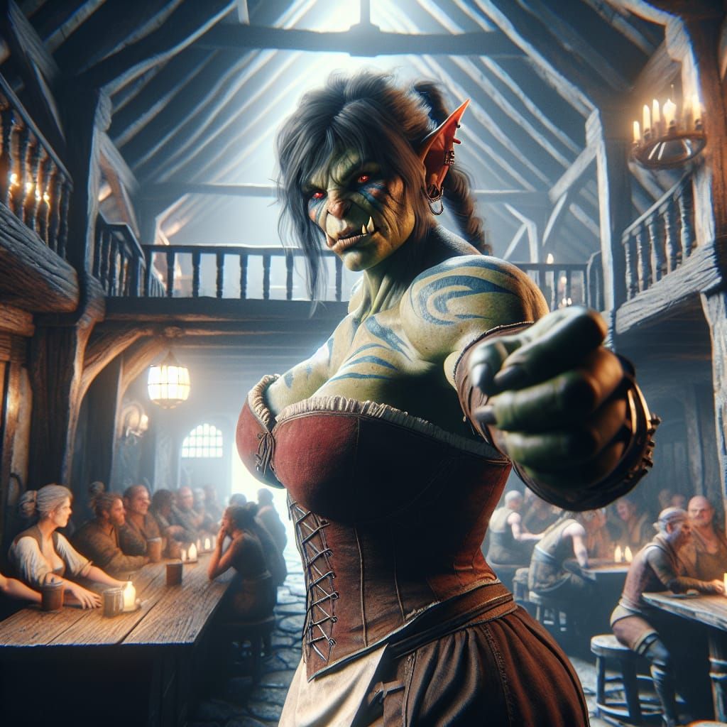 Brutish Orc Tavern Wench Dancing in Hyperrealistic Style