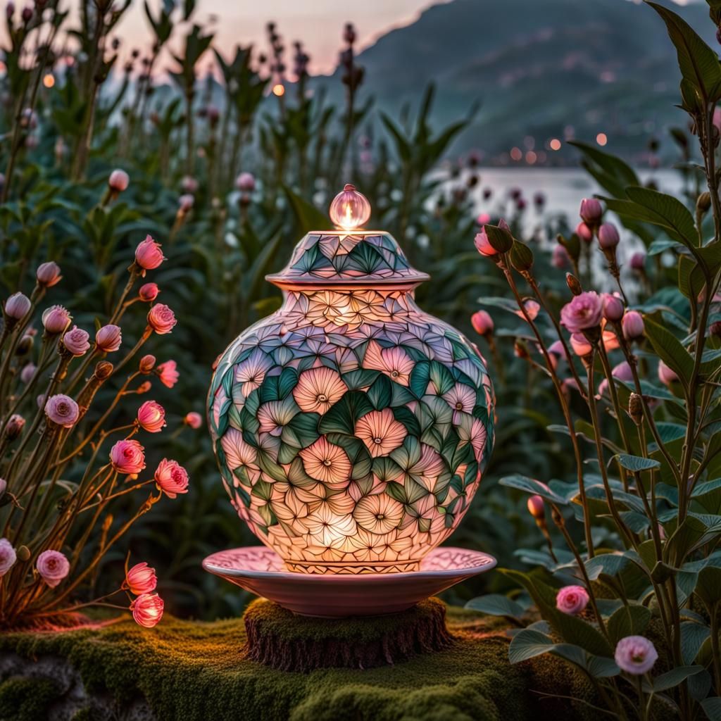 Detailed Transparent Glass Vase in Pink and Green