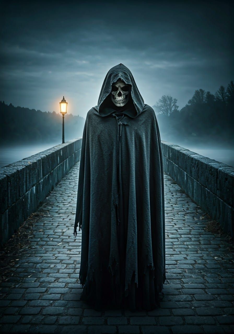 Mysterious Figure on Ancient Bridge in Eerie Twilight