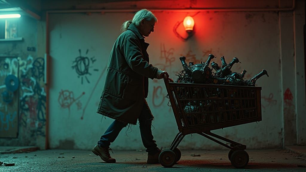An old lady in cyberpunk clothes, pushing a shopping trolley of old junk robotic parts, trudges past a wall at night. A ...