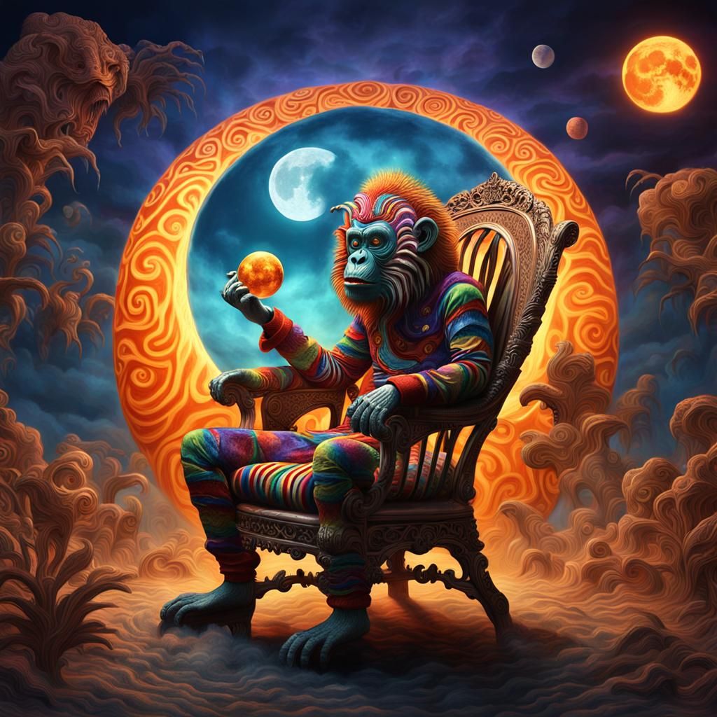Vibrant Surrealism: Zombie Monkey Monster Clown in Celestial...