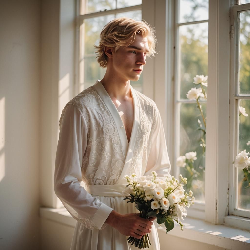 Elegant Portrait of Young Man in Wedding Dress