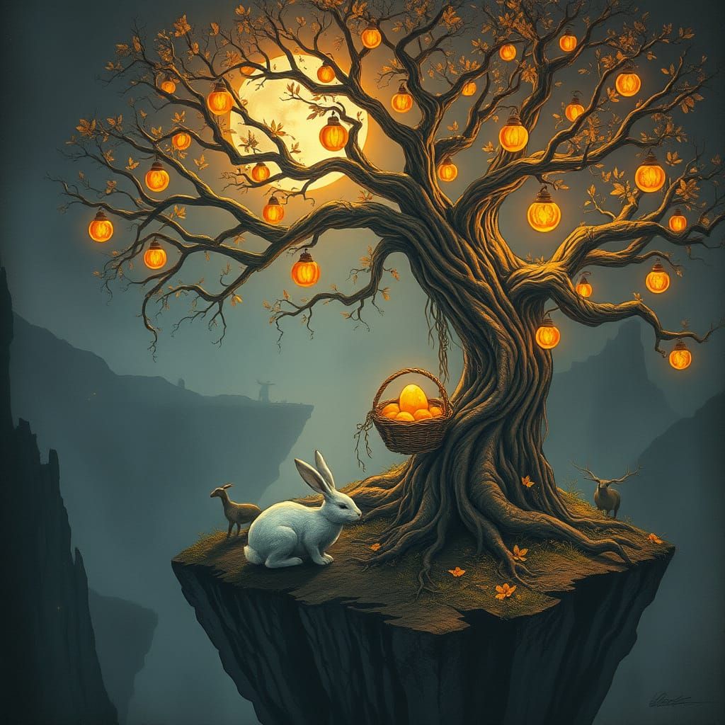 Mystical Easter Bunny Spirit in Twilight Orchard