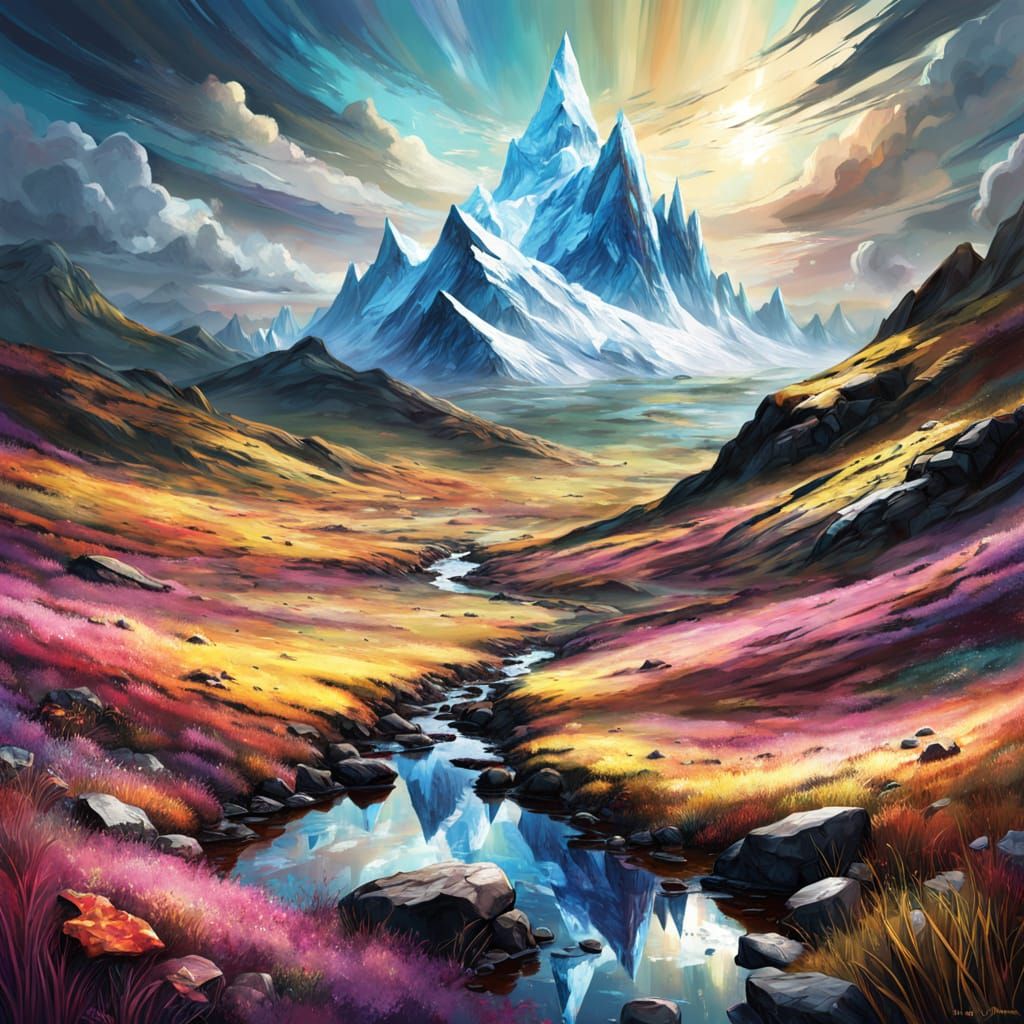 Scottish Moor Landscape in 3D Stained Glass Style