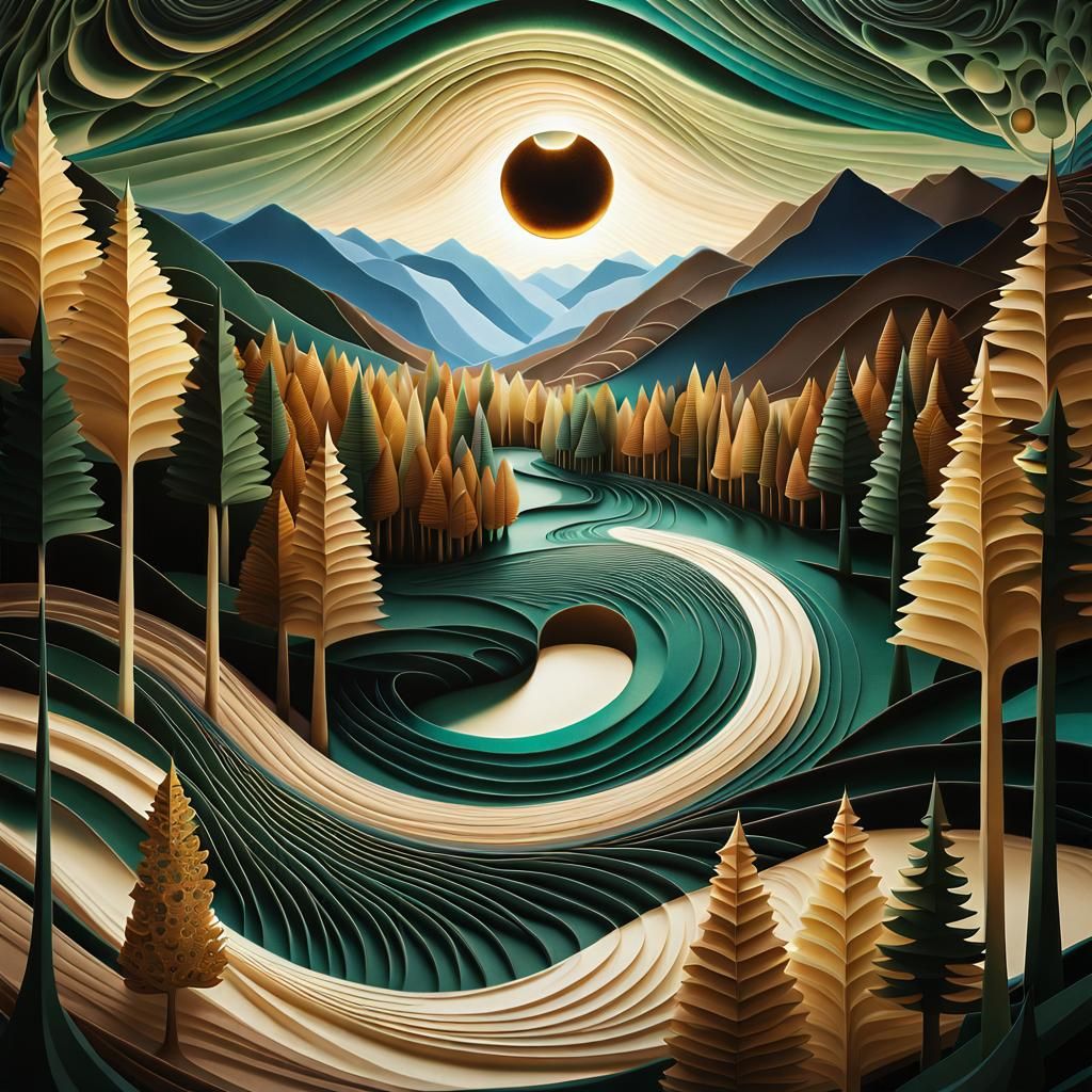 Surreal Forest Landscape with Solar Eclipse