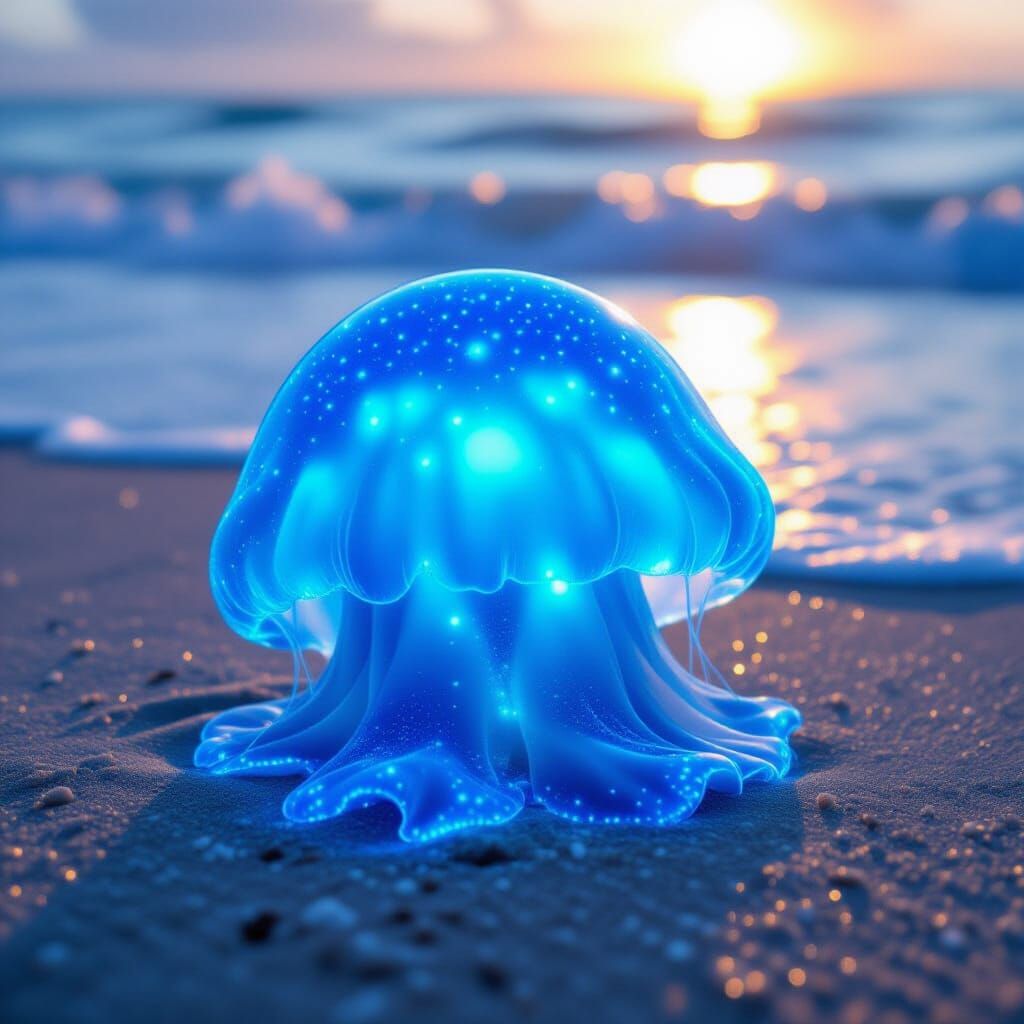 Bioluminescent Jellyfish on a Summer Shore