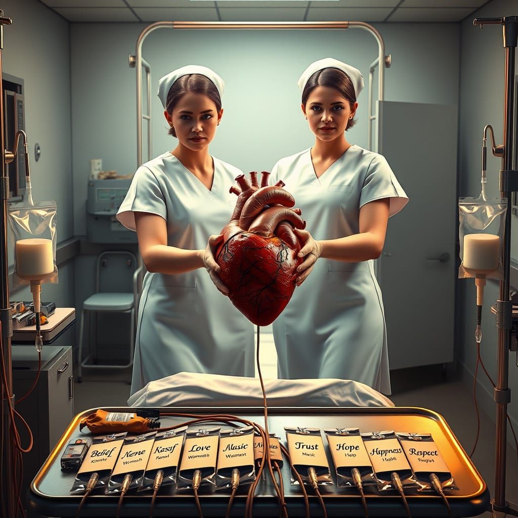 Two Nurses Hold a Beating Heart, Surrounded by Medical Mysti...