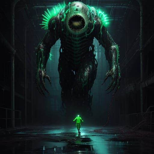 Evolving Slime Creature in Industrial Horror Scene