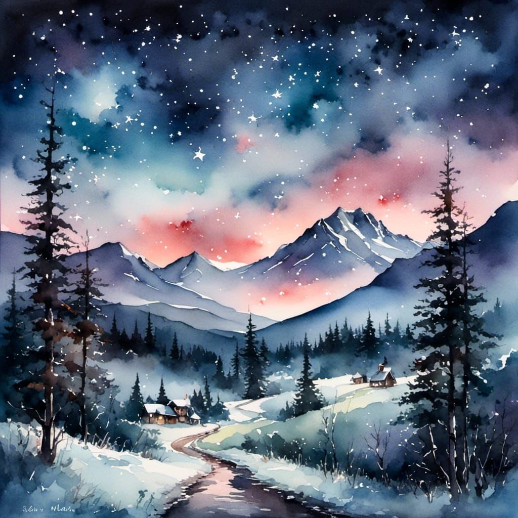 Glittering Starry Night Sky in Watercolor Style