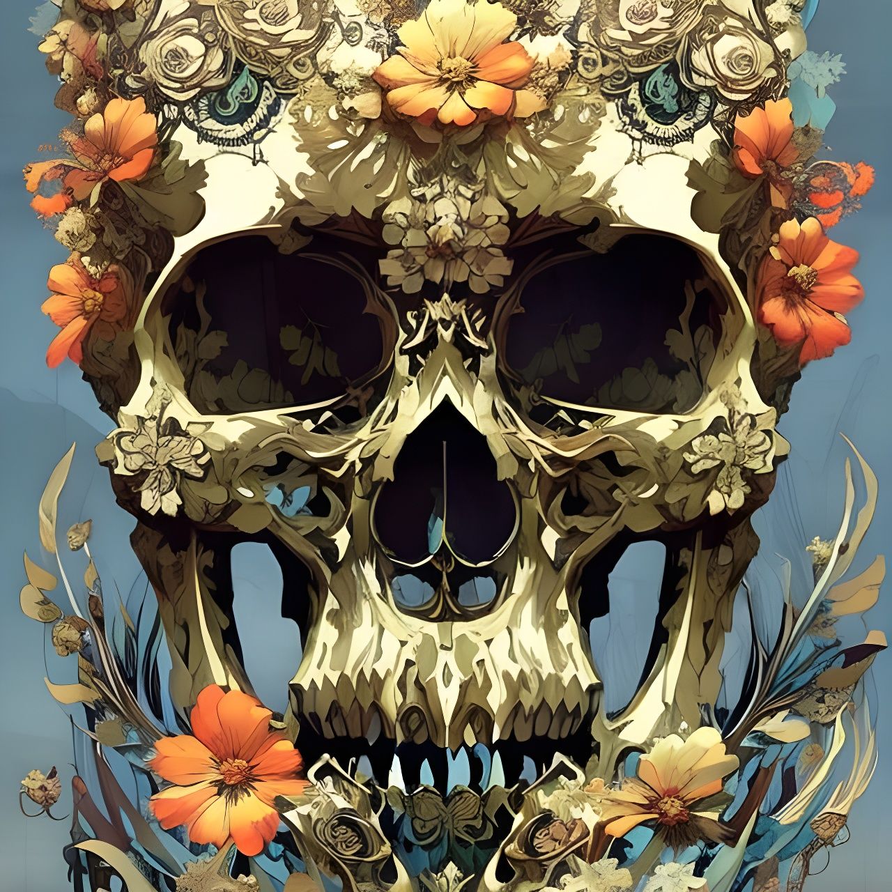 Ornate Skull with Golden Flowers