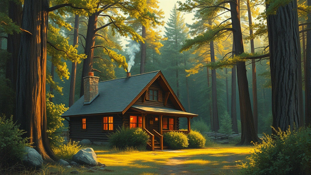 Cozy Cabin in Forest, Impressionistic Painting