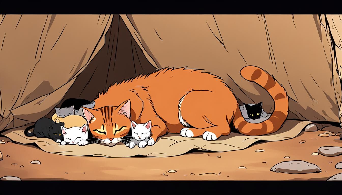 Anime-Style Mother Cat and Kittens Cuddling