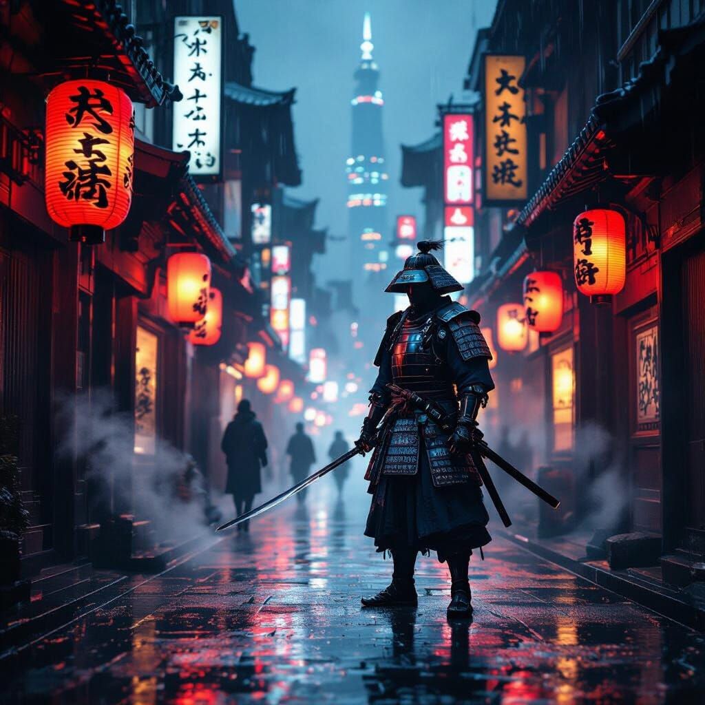 Samurai in Neon-Lit Alleyway, Cyberpunk Cityscape