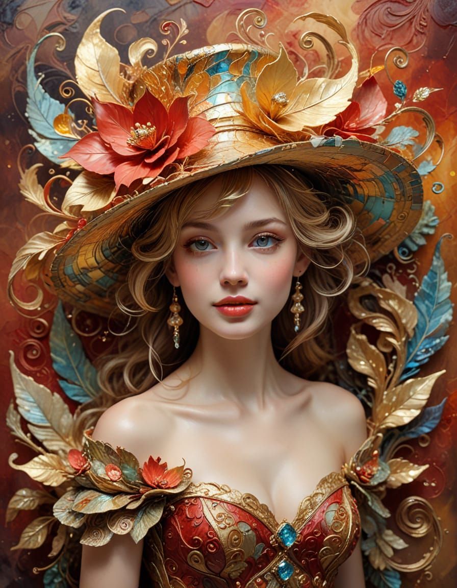 Elegant Lady Portrait in Impasto Style with Nature Hats