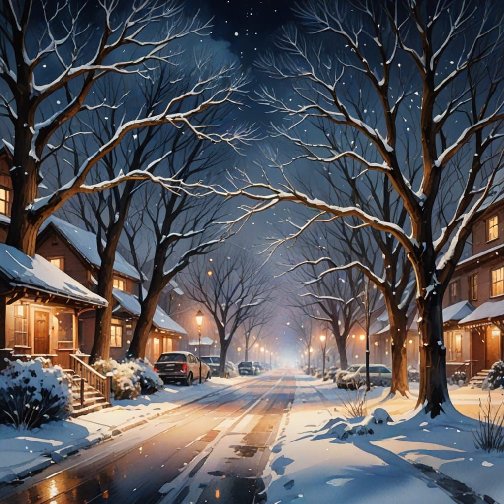Winter Nightscape Digital Watercolor Illustration