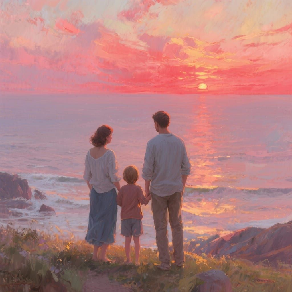 Family Sunset Over Serene Ocean View